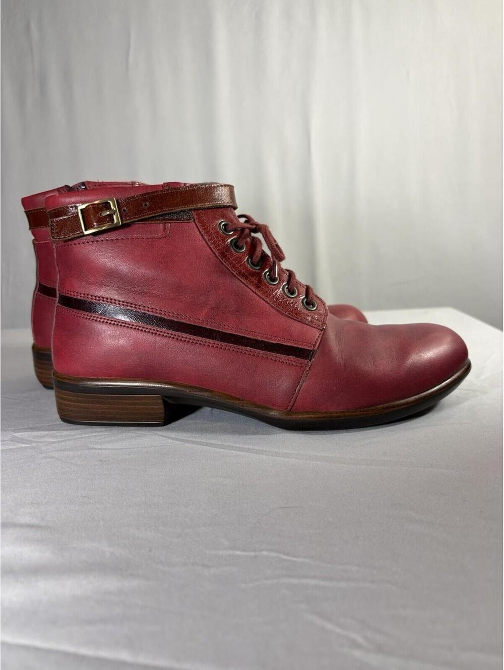 NAOT Red Leather Ankle Boots Womens EU 37 US 6.5 Lace Up Zip Comfort Israel